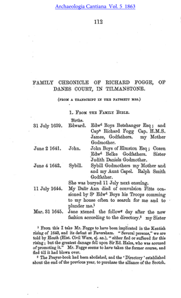 Family Chronicle of Richard Fogge of Danes Court in Tilmanstone. From