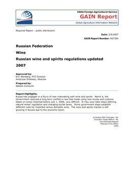Russian Federation Wine Russian Wine and Spirits Regulations Updated 2007