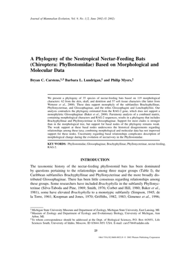 A Phylogeny of the Neotropical Nectar-Feeding Bats (Chiroptera: Phyllostomidae) Based on Morphological and Molecular Data