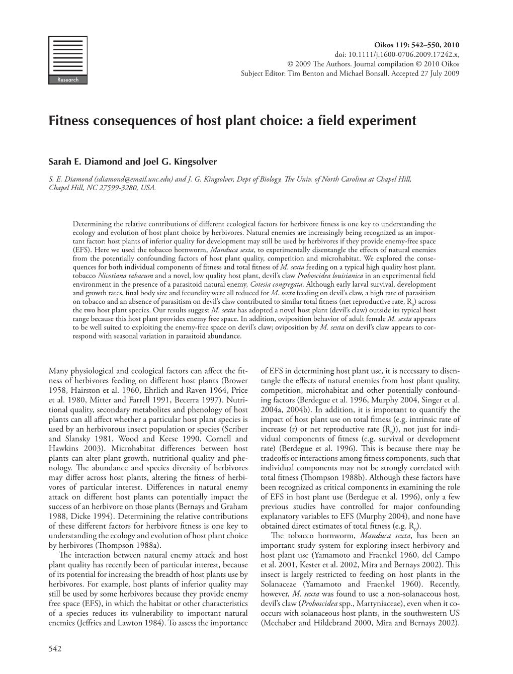 Fitness Consequences of Host Plant Choice: a Field Experiment