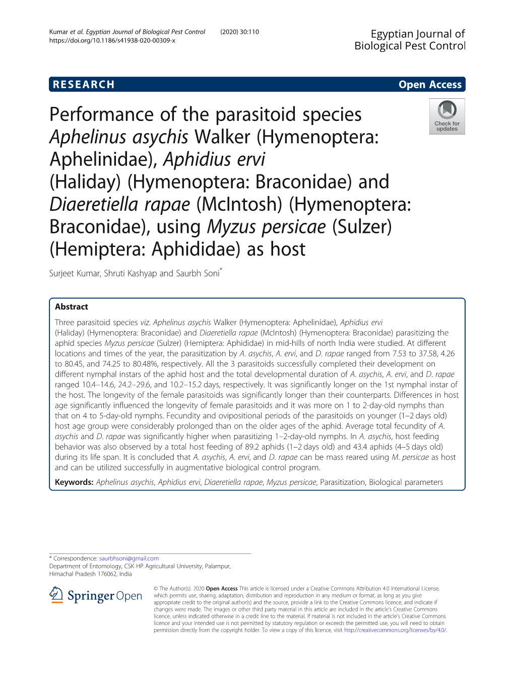 Performance of the Parasitoid Species Aphelinus Asychis Walker (Hymenoptera: Aphelinidae), Aphidius Ervi (Haliday) (Hymenoptera