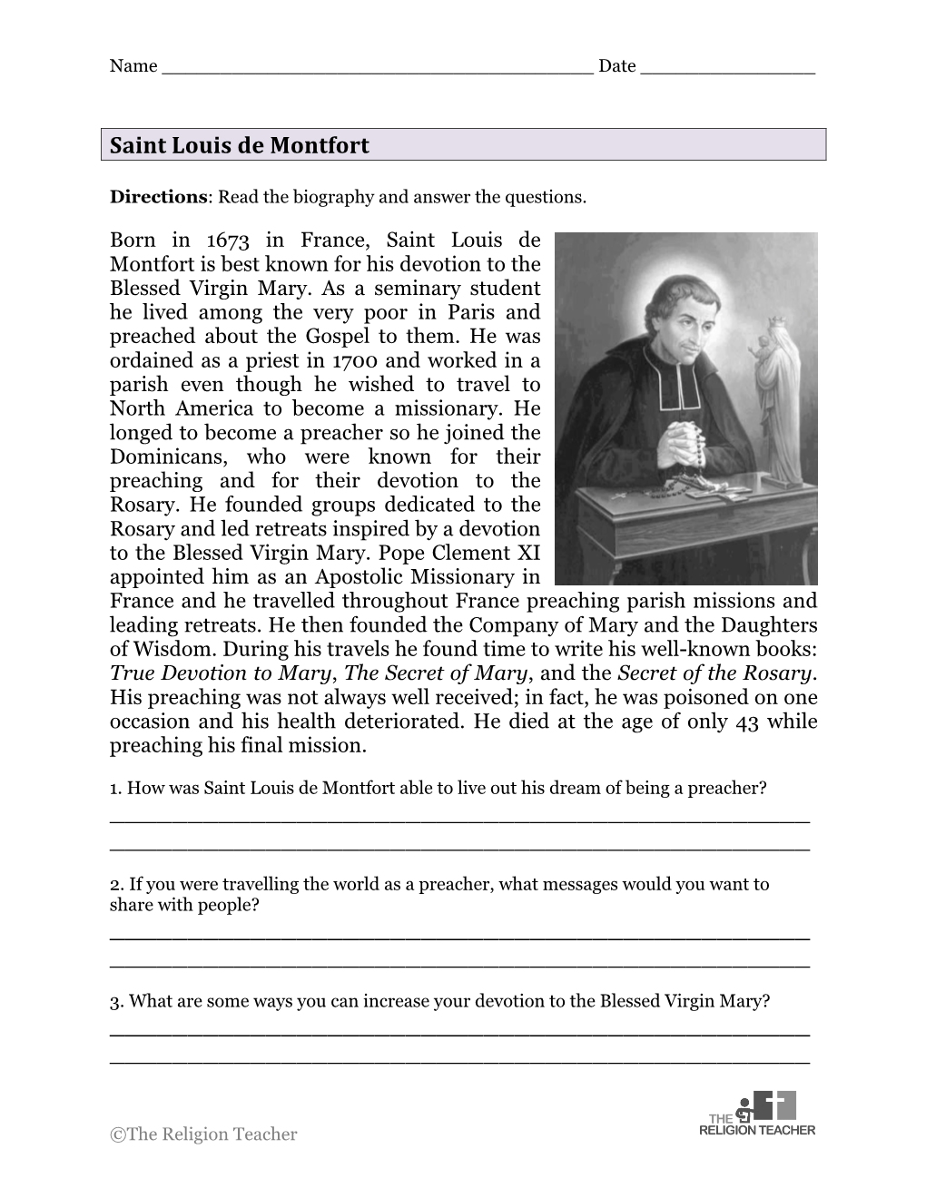 Saint Louis De Montfort Worksheet