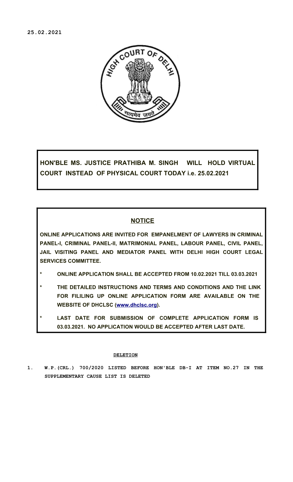 Notice Hon'ble Ms. Justice Prathiba M. Singh Will Hold