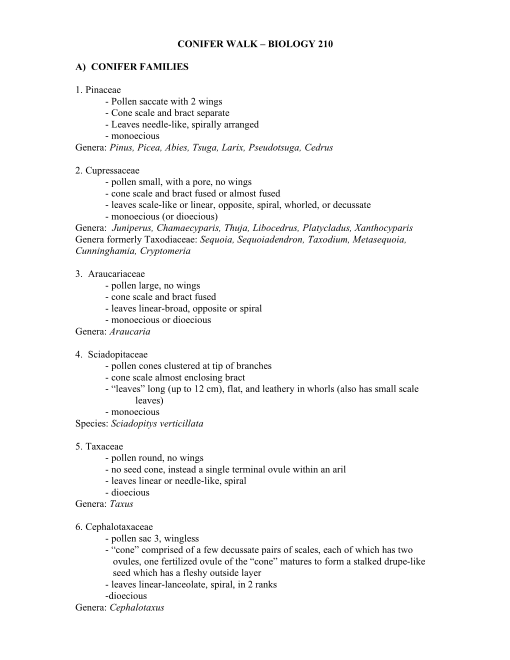 CONIFER WALK – BIOLOGY 210 A) CONIFER FAMILIES 1. Pinaceae