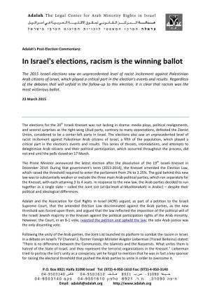 In Israel's Elections, Racism Is the Winning Ballot