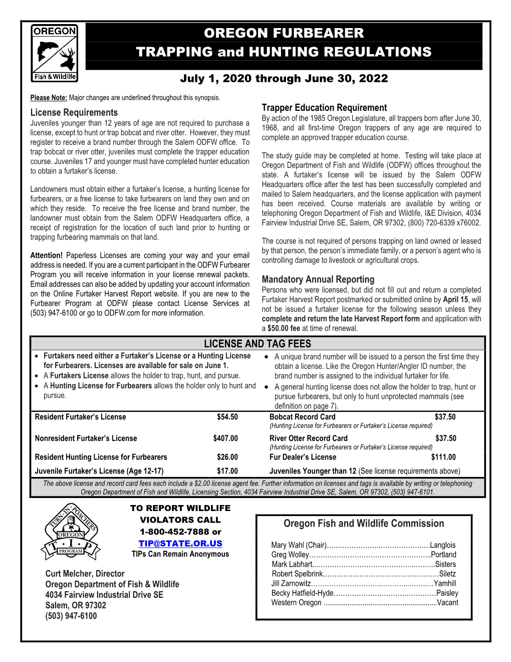 OREGON FURBEARER TRAPPING and HUNTING REGULATIONS