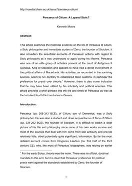 1 Persaeus of Citium: a Lapsed Stoic? Kenneth Moore Abstract: This Article