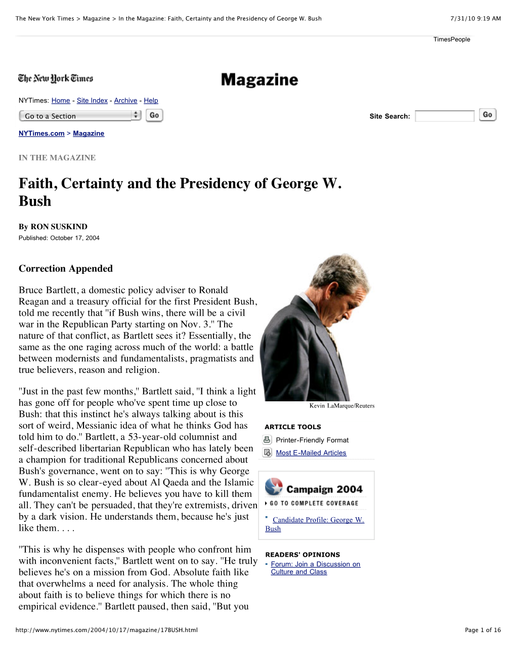 The New York Times > Magazine > in the Magazine Faith, Certainty and the Presidency of George W. Bush