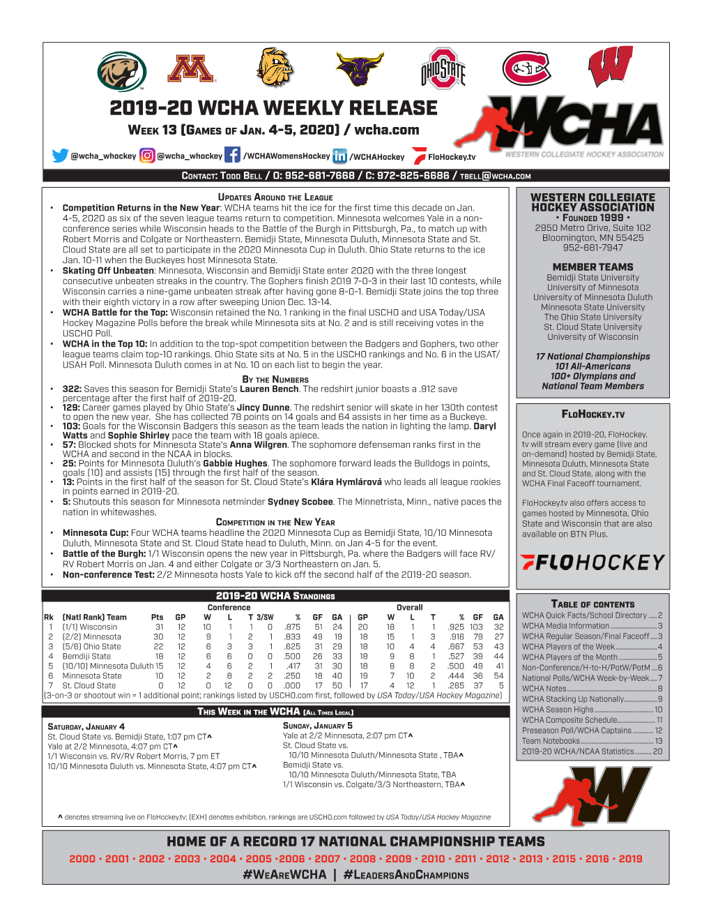 2019-20 WCHA WEEKLY RELEASE Week 13 (Games of Jan