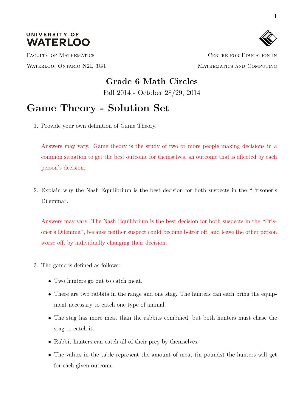 Game Theory - Solution Set