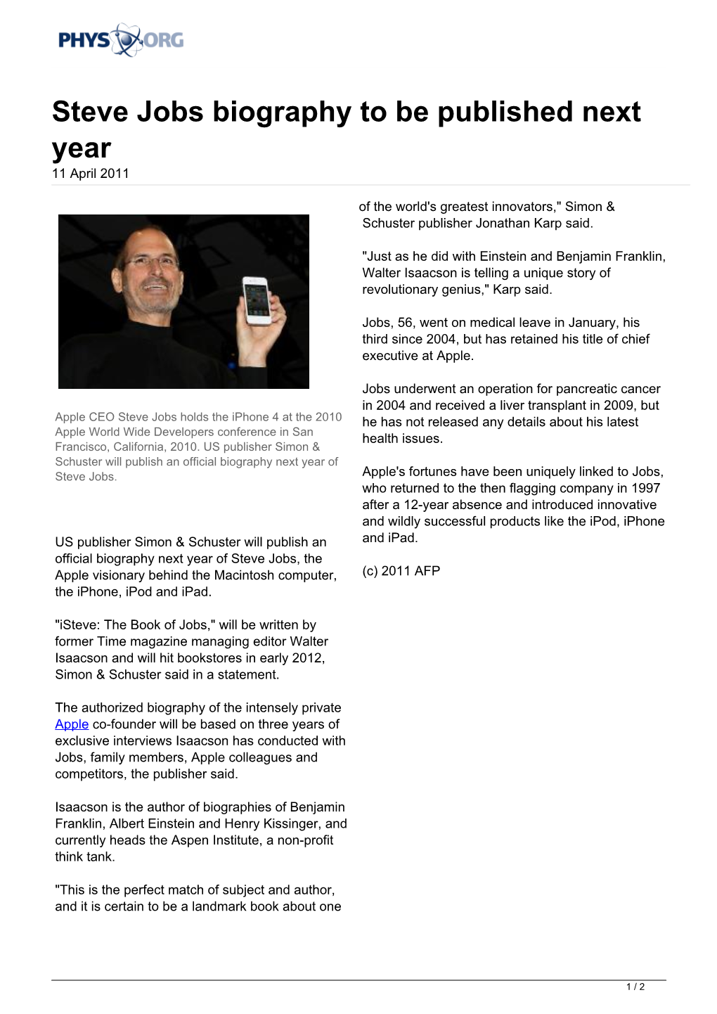 Steve Jobs Biography to Be Published Next Year 11 April 2011