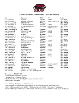 Saint Joseph's Men's Basketball 2017-18 Schedule