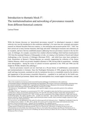 The Institutionalisation and Networking of Provenance Research from Different Historical Contexts