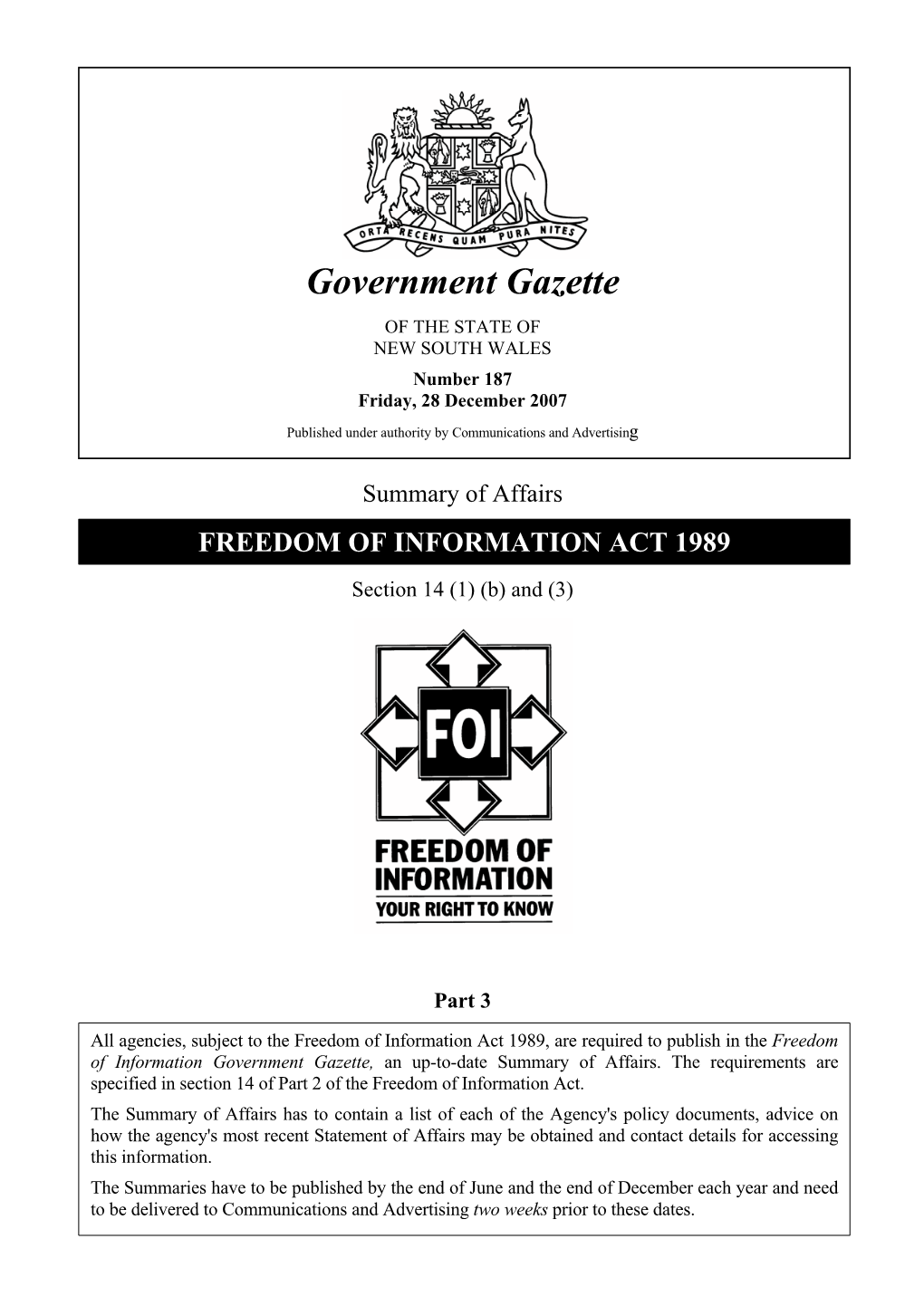 Government Gazette of the STATE of NEW SOUTH WALES Number 187 Friday, 28 December 2007