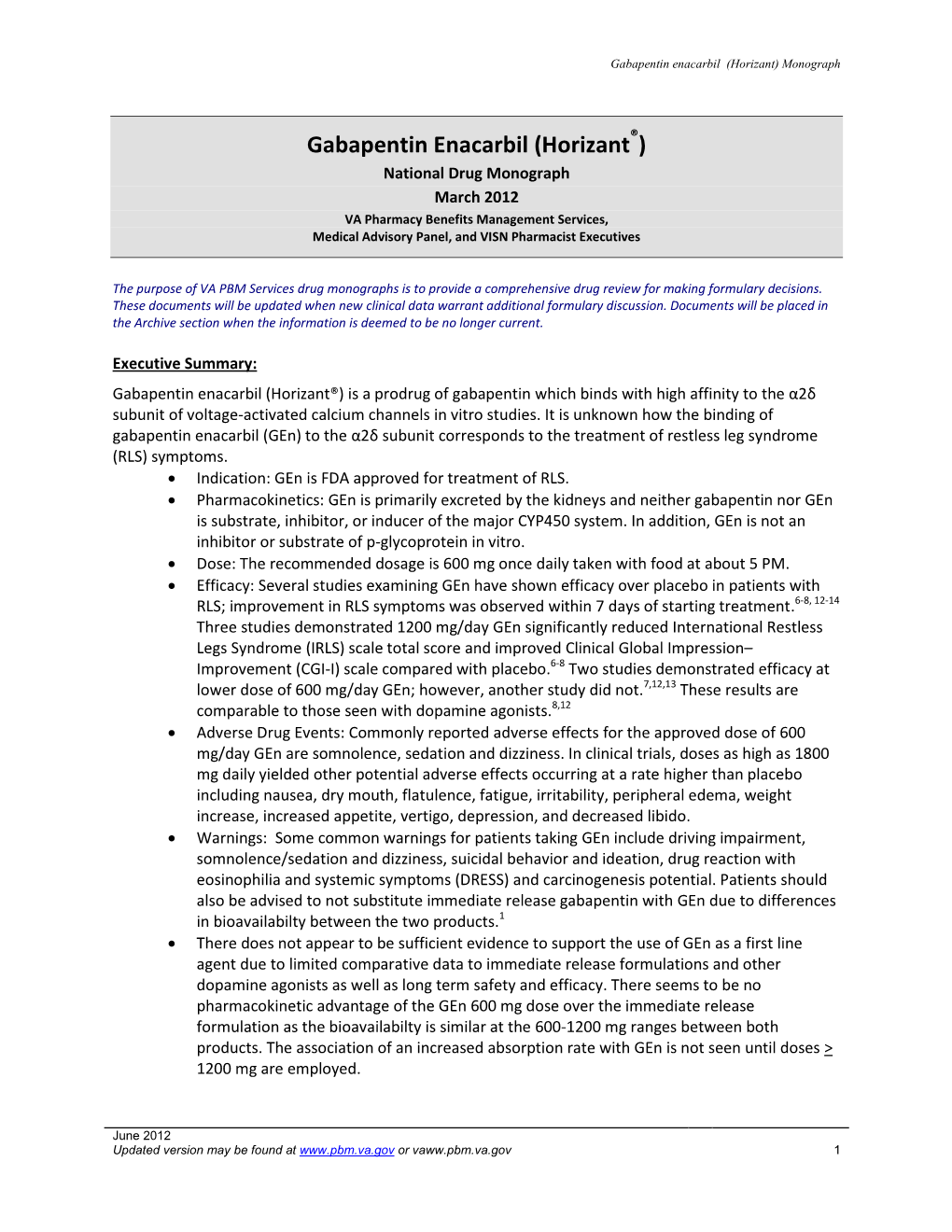 Gabapentin Enacarbil (Horizant) Monograph