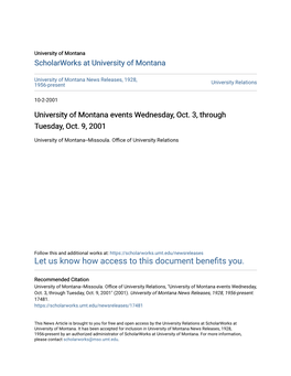 University of Montana Events Wednesday, Oct. 3, Through Tuesday, Oct