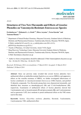 Structures of Two New Flavonoids and Effects of Licorice Phenolics on Vancomycin-Resistant Enterococcus Species