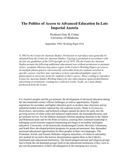 The Politics of Access to Advanced Education in Late Imperial Austria