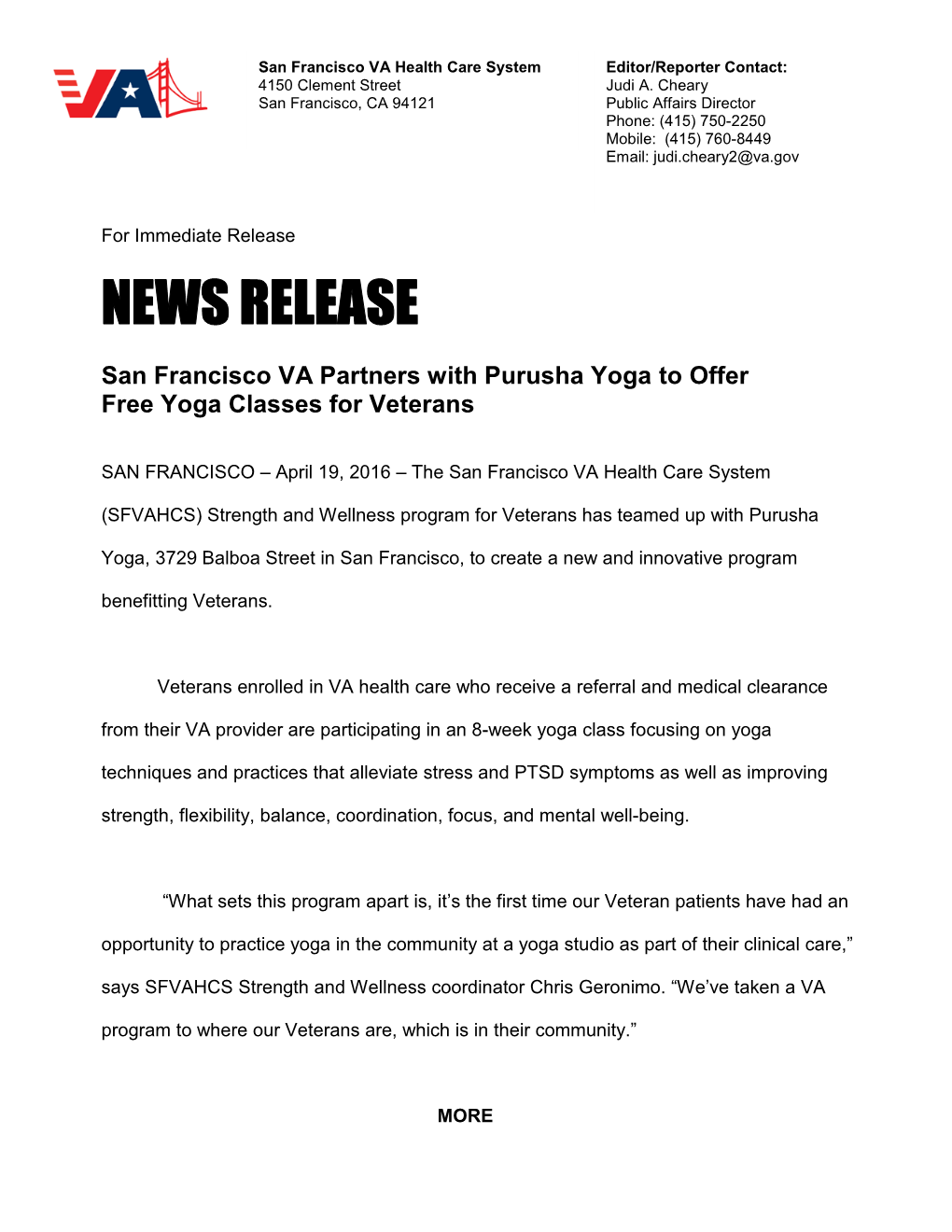 San Francisco VA Partners with Purusha Yoga to Offer Free Yoga Classes for Veterans