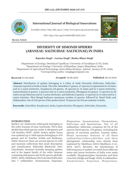 Diversity of Simonid Spiders (Araneae: Salticidae: Salticinae) in India
