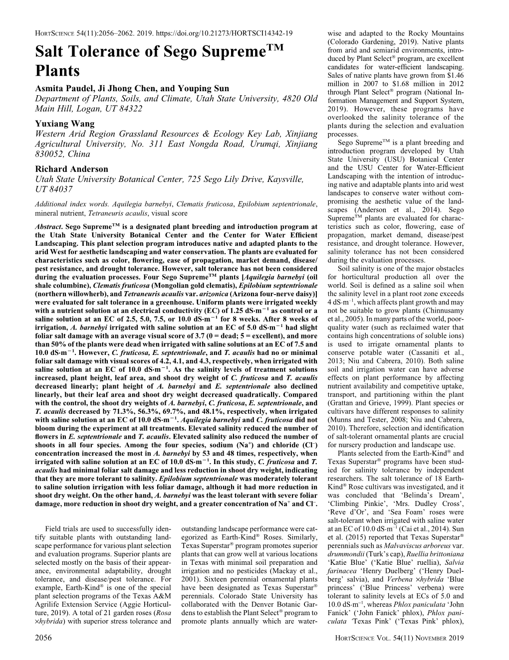 Salt Tolerance of Sego Supremetm Plants