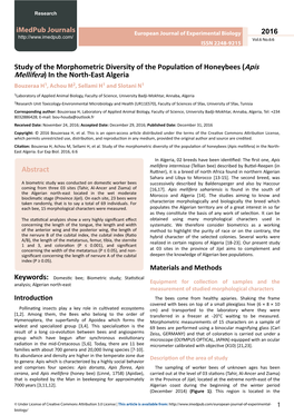 Study of the Morphometric Diversity of the Population of Honeybees (Apis Mellifera) in the North-East Algeria Abstract