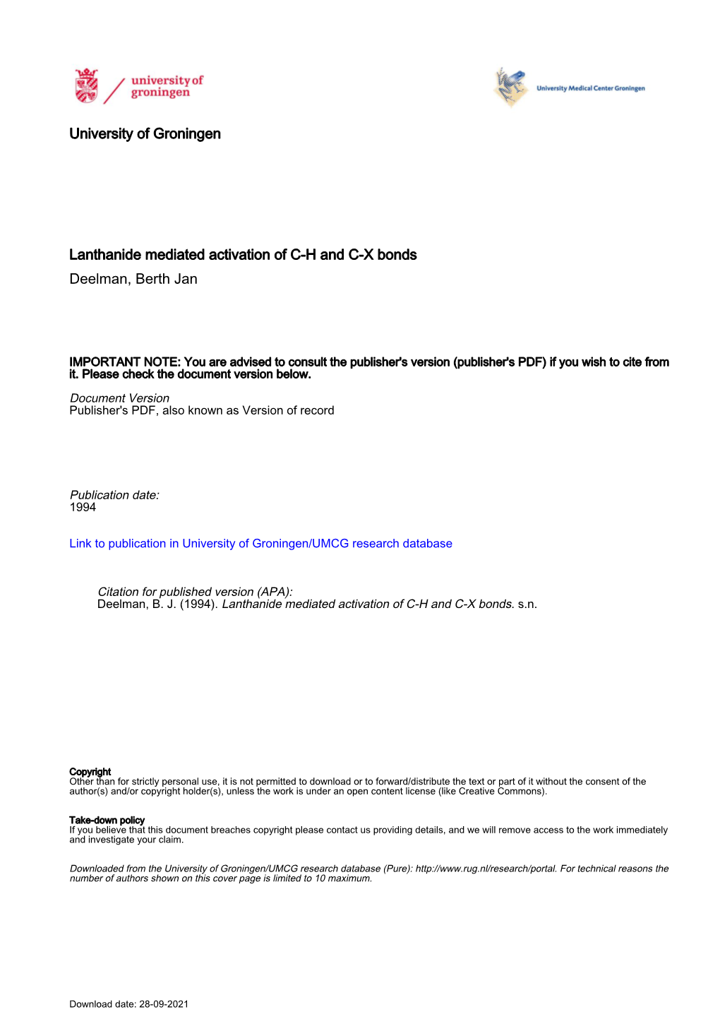 University of Groningen Lanthanide Mediated Activation of C-H and C-X