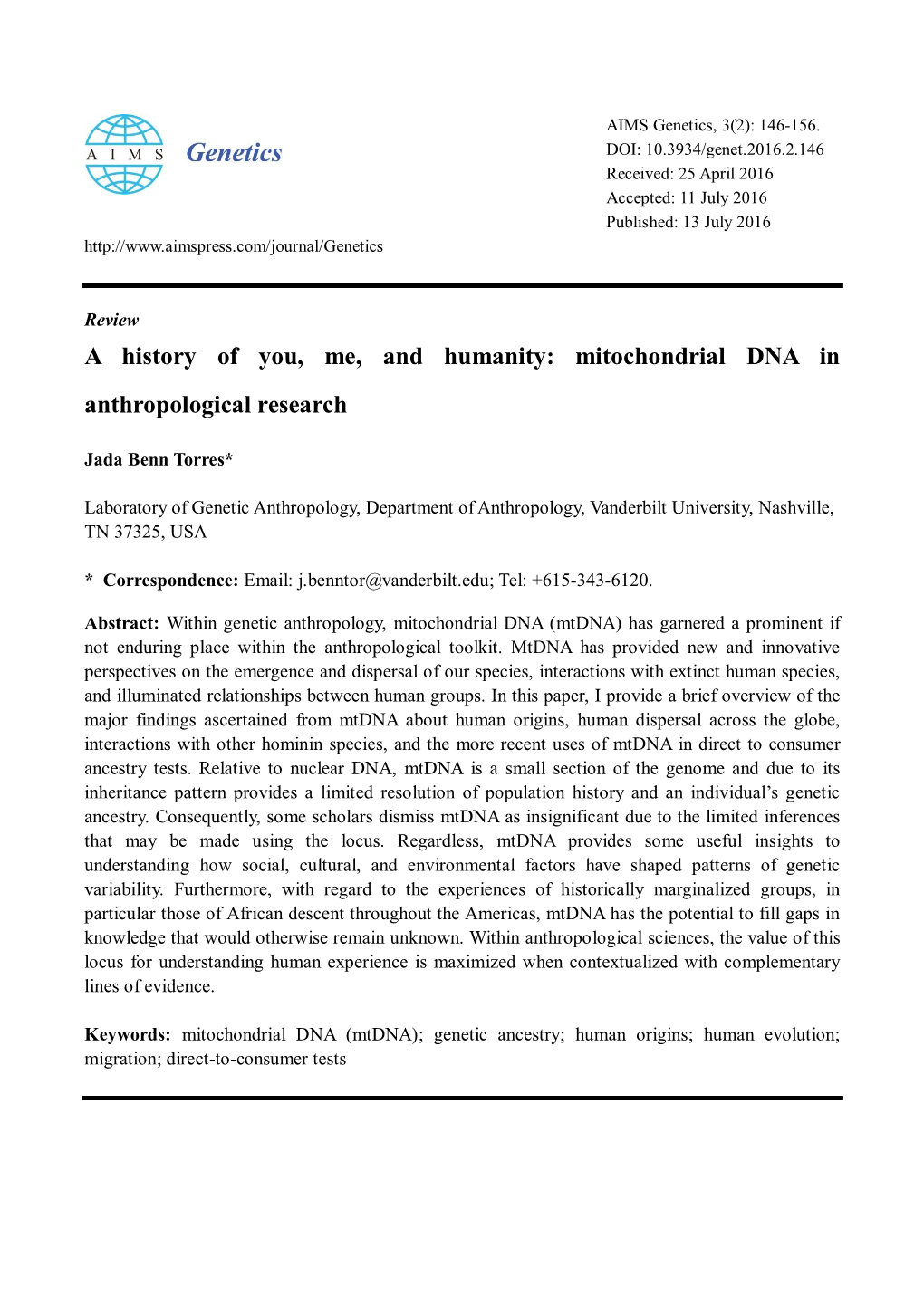 Mitochondrial DNA in Anthropological Research