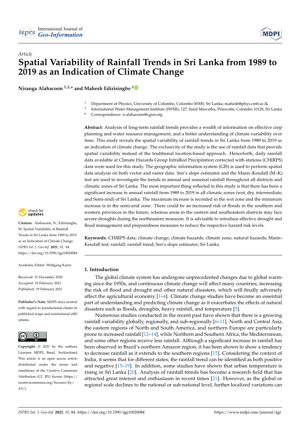 Spatial Variability of Rainfall Trends in Sri Lanka from 1989 to 2019 As an Indication of Climate Change