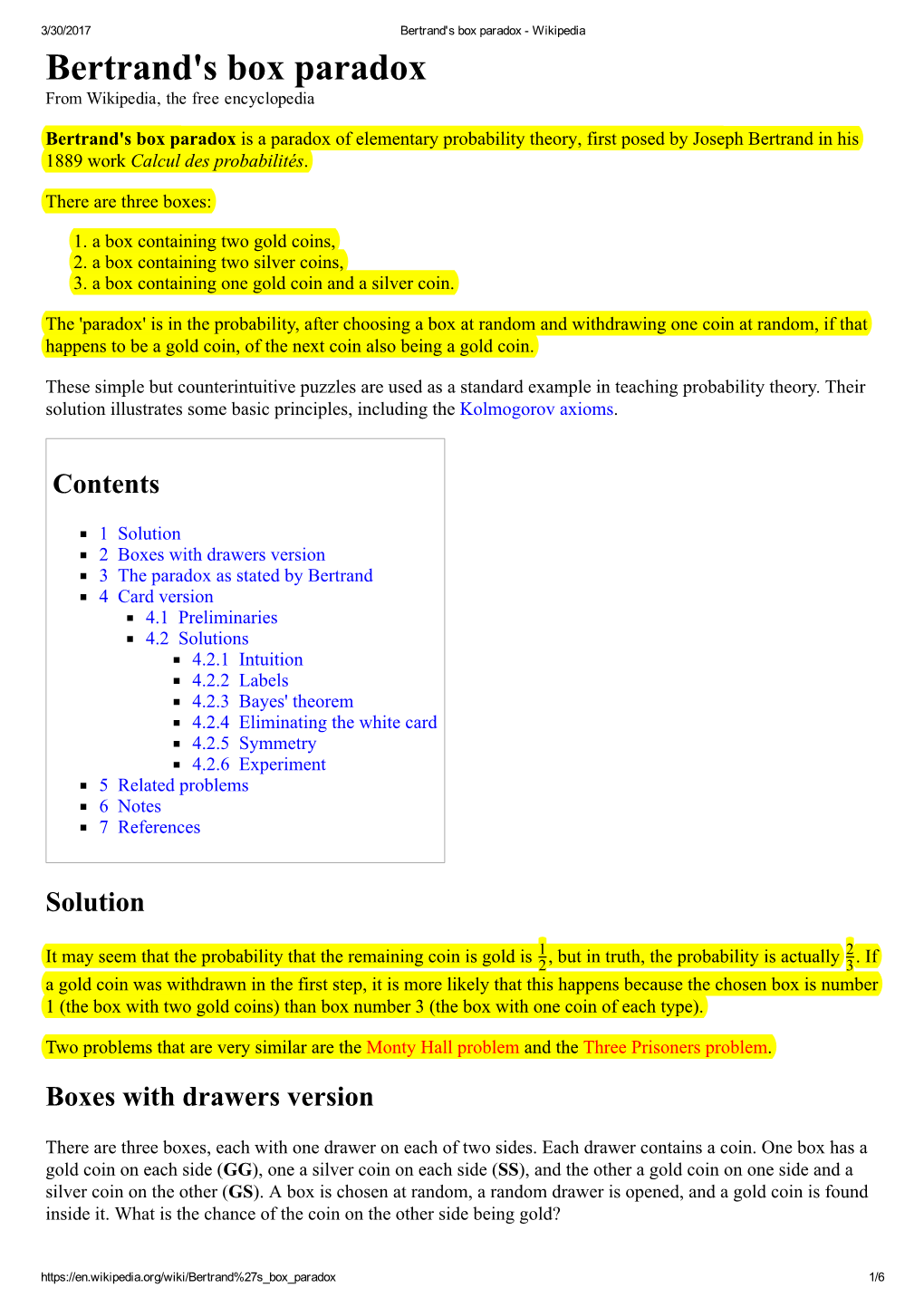 Bertrand's Box Paradox ­ Wikipedia Bertrand's Box Paradox from Wikipedia, the Free Encyclopedia