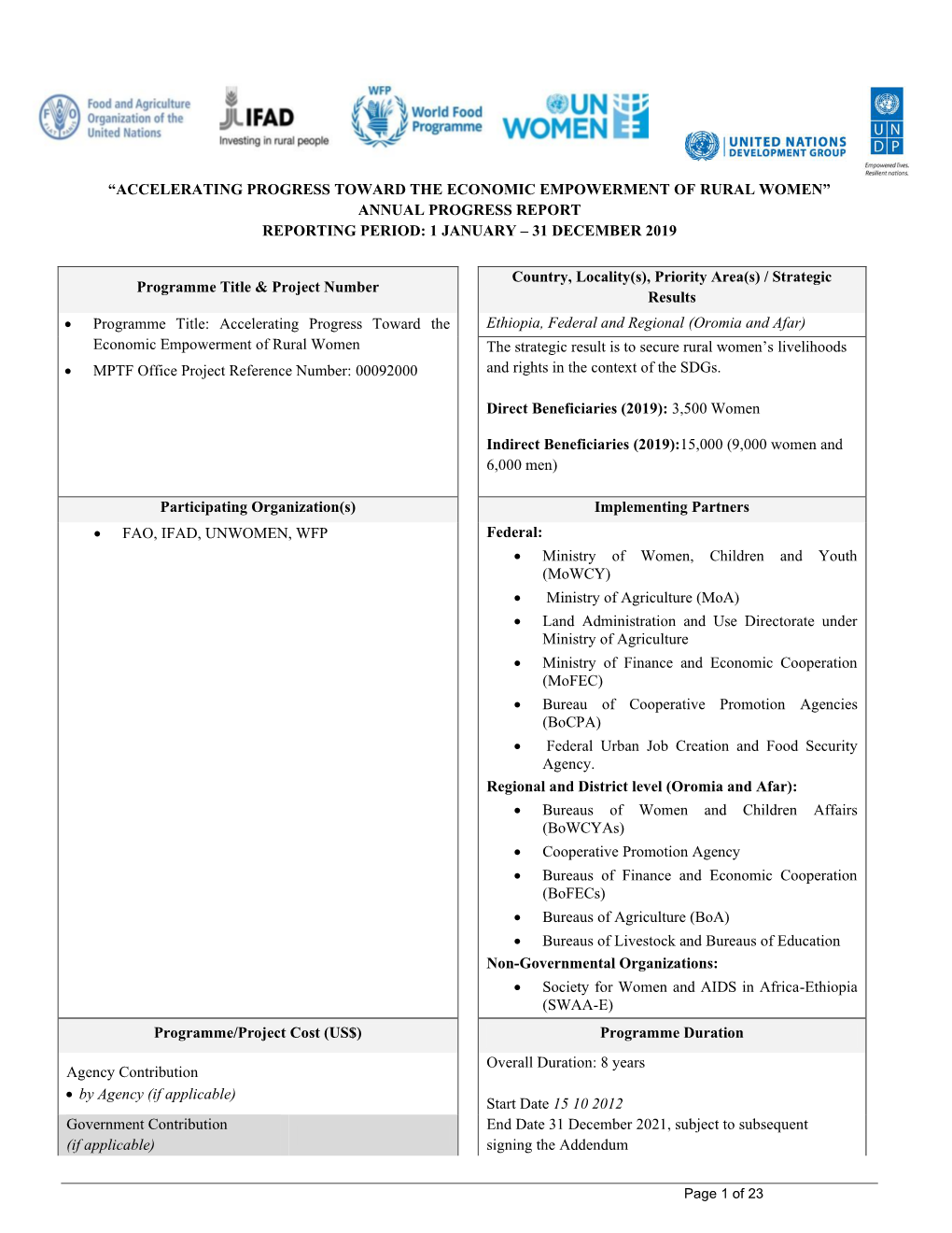 Accelerating Progress Toward the Economic Empowerment of Rural Women” Annual Progress Report Reporting Period: 1 January – 31 December 2019