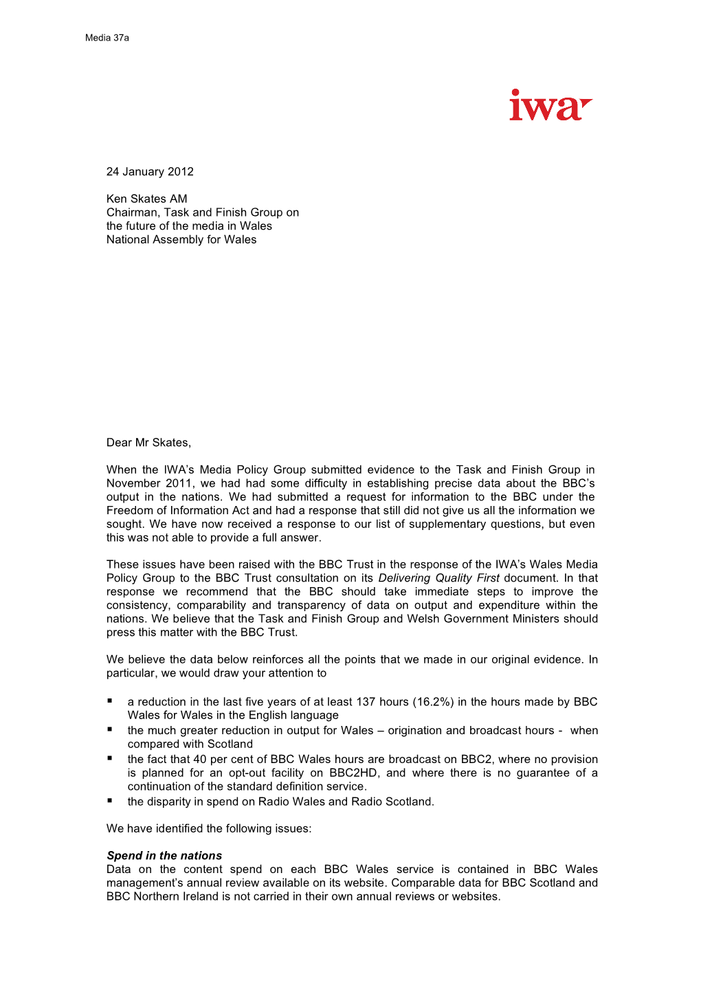 T&F Inquiry Supplementary Letter 120124