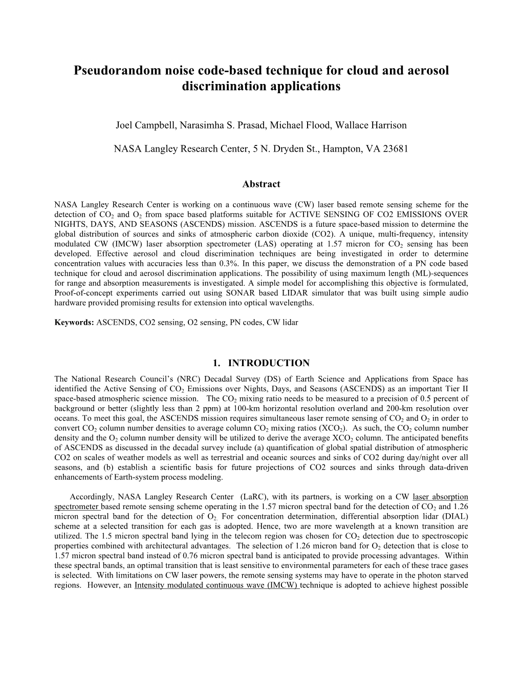 Pseudorandom Noise Code-Based Technique for Cloud and Aerosol Discrimination Applications