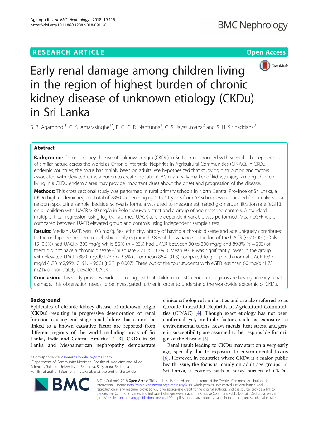 Early Renal Damage Among Children Living in the Region of Highest Burden of Chronic Kidney Disease of Unknown Etiology (Ckdu) in Sri Lanka S