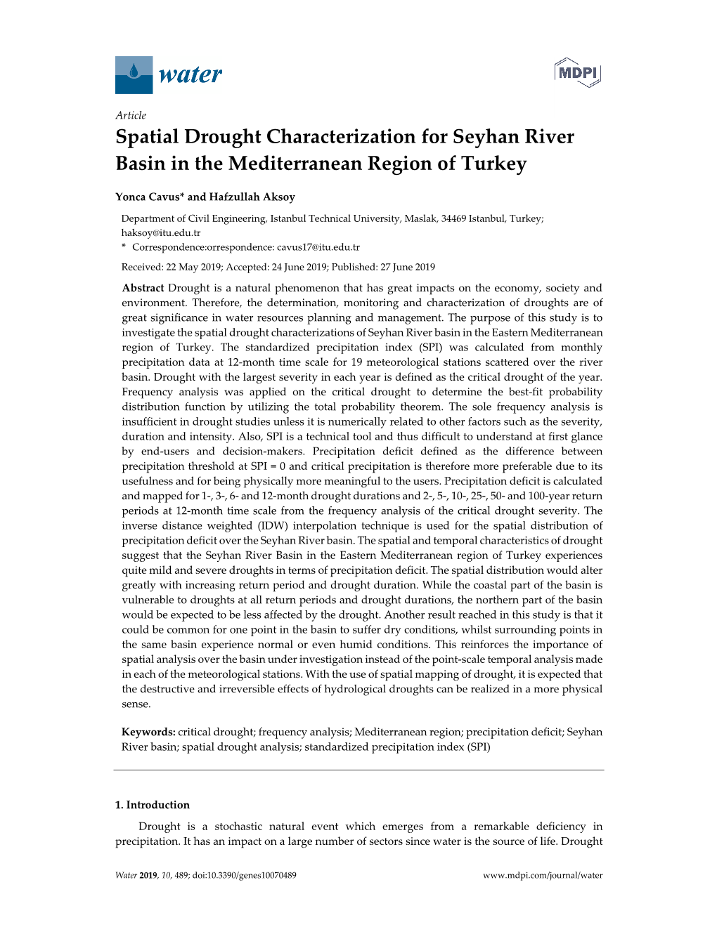 Spatial Drought Characterization for Seyhan River Basin in the Mediterranean Region of Turkey