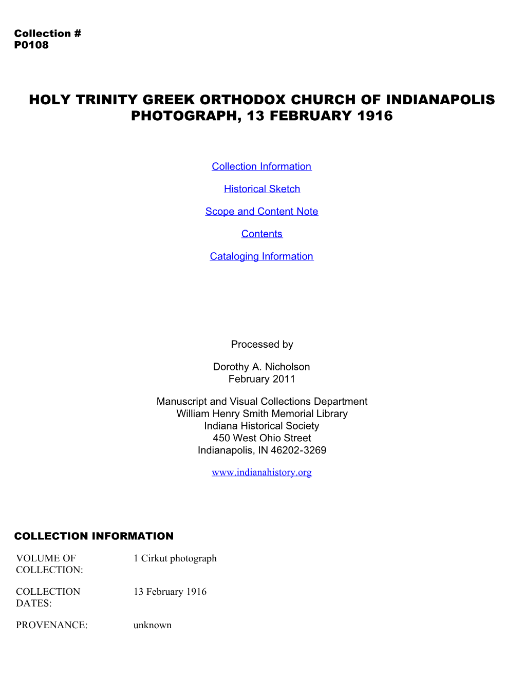 Holy Trinity Greek Orthodox Church of Indianapolis Photograph, 13 February 1916