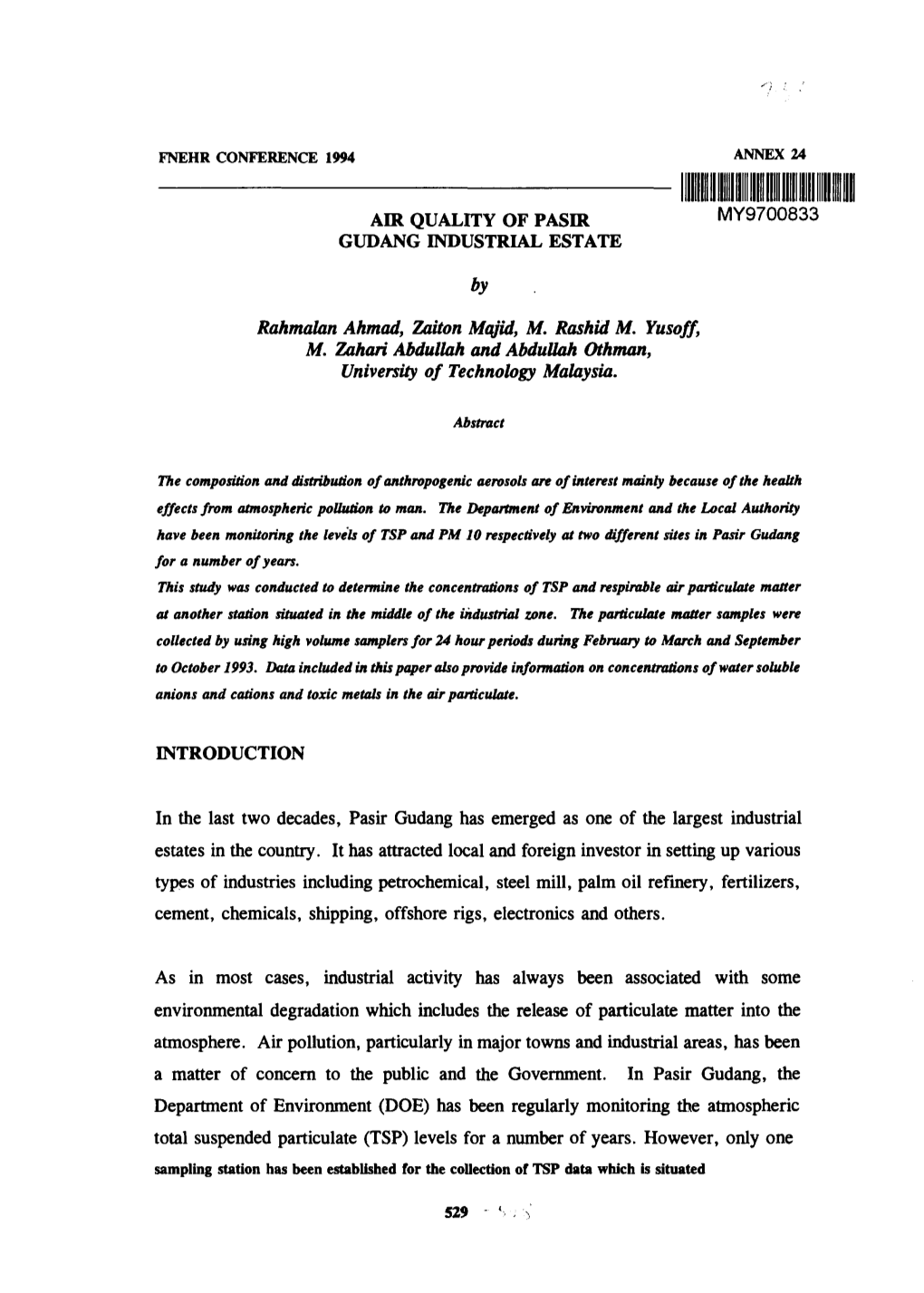 Air Quality of Pasir Gudang Industrial Estate