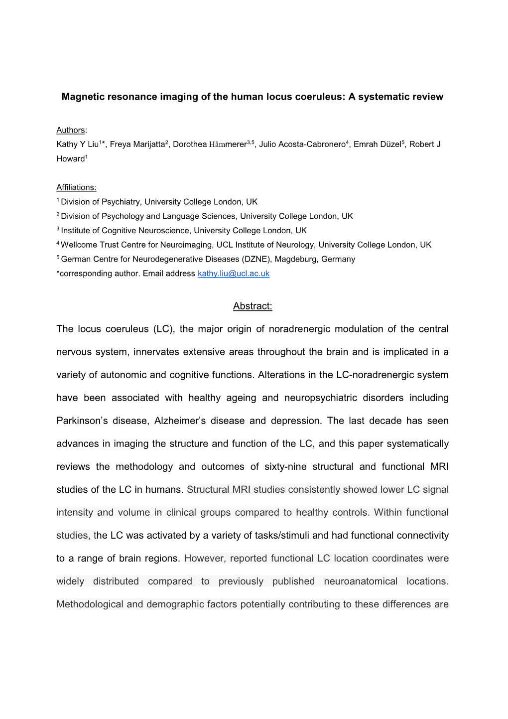 Magnetic Resonance Imaging of the Human Locus Coeruleus: a Systematic Review