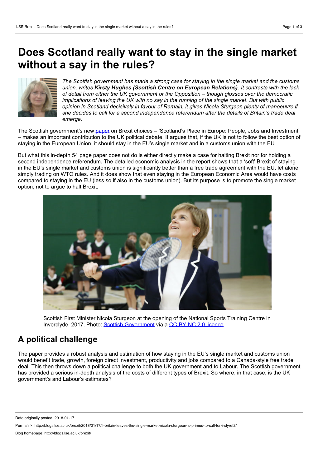 LSE Brexit: Does Scotland Really Want to Stay in the Single Market Without a Say in the Rules? Page 1 of 3