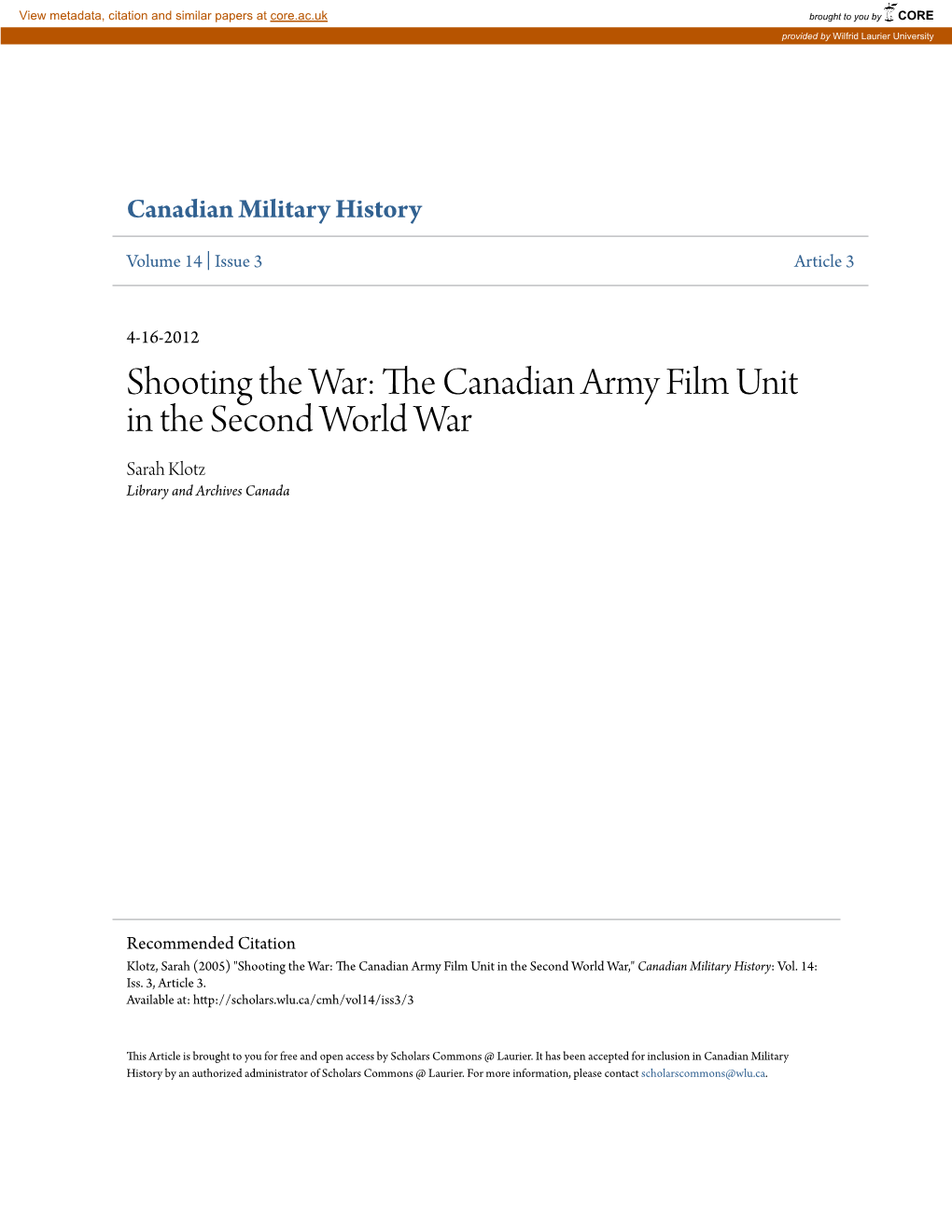 Shooting the War: the Canadian Army Film Unit in the Second World