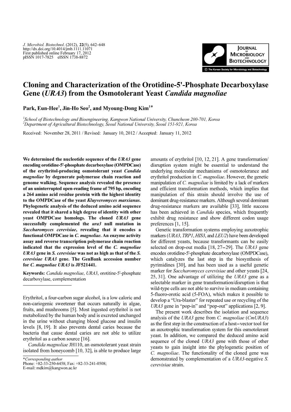 Cloning and Characterization of the Orotidine-5'-Phosphate Decarboxylase Gene (URA3) from the Osmotolerant Yeast Candida Magnoliae