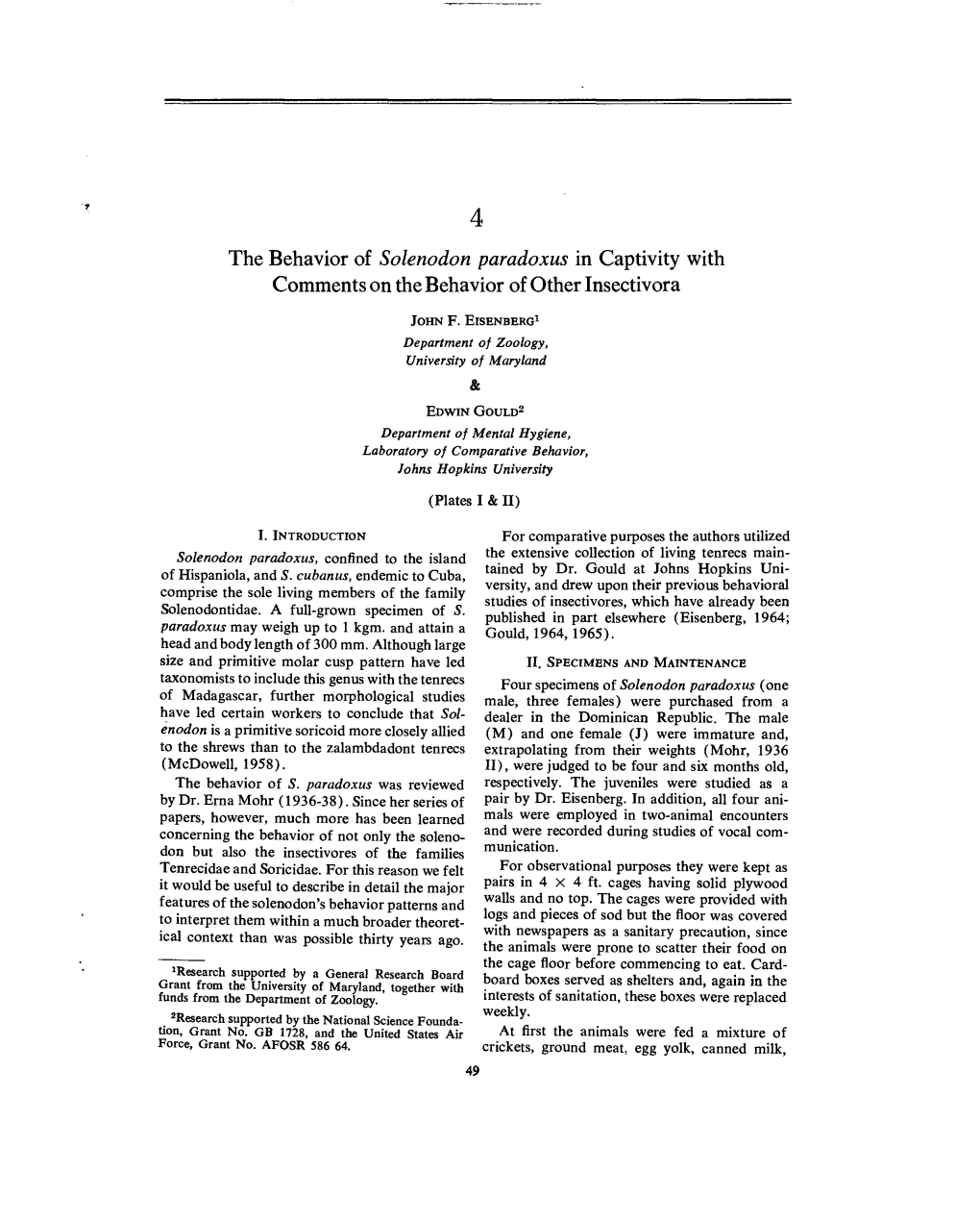 The Behavior of Solenodon Paradoxus in Captivity with Comments on the Behavior of Other Insectivora