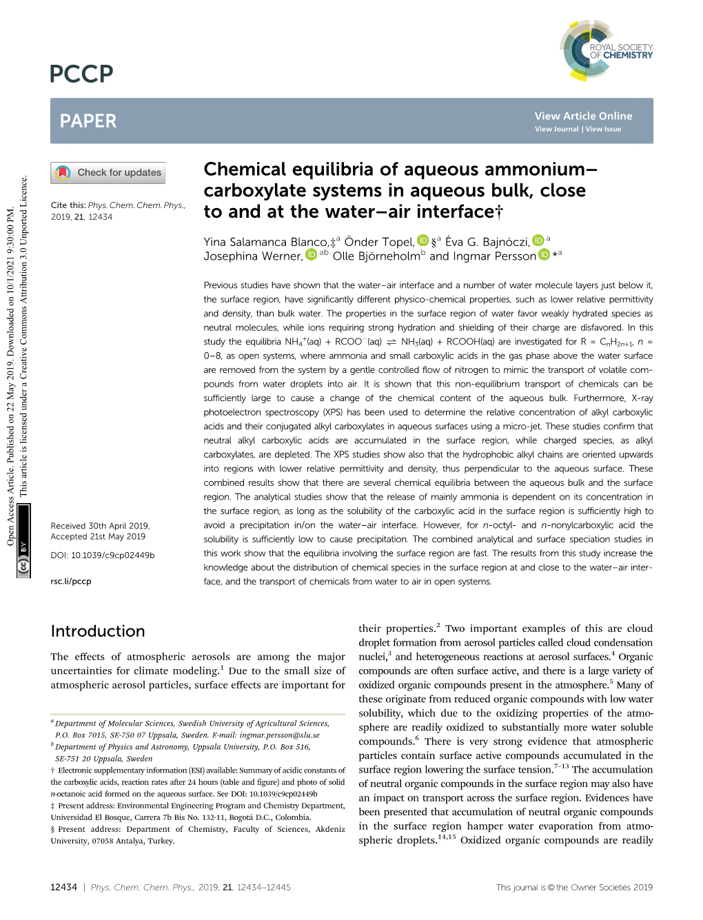 Chemical Equilibria of Aqueous Ammonium–Carboxylate