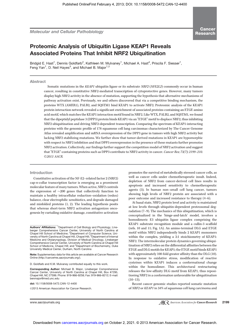 Proteomic Analysis of Ubiquitin Ligase KEAP1 Reveals Associated Proteins That Inhibit NRF2 Ubiquitination