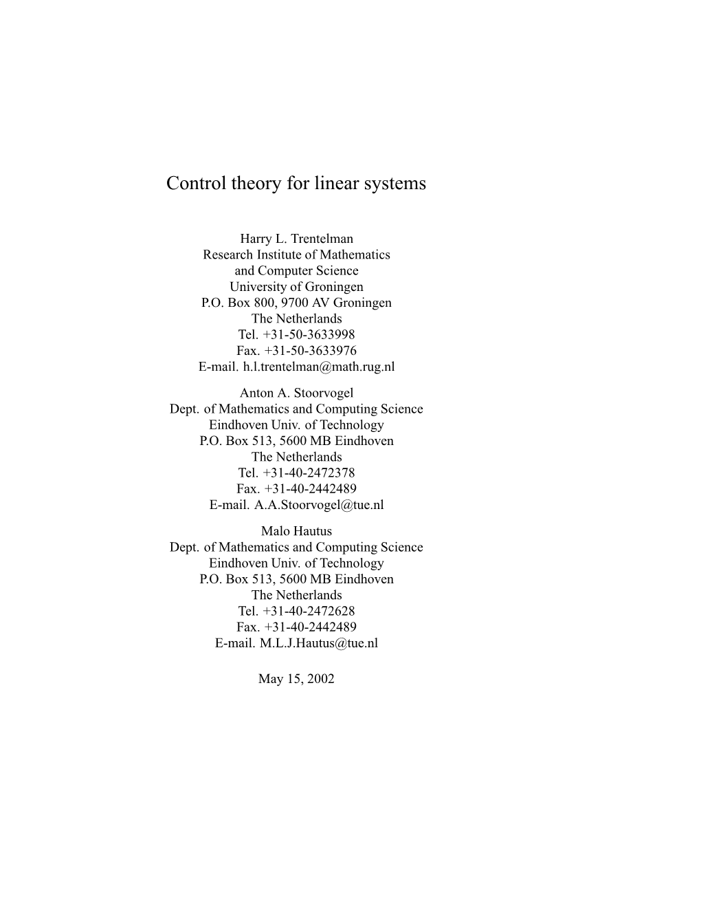 Control Theory for Linear Systems