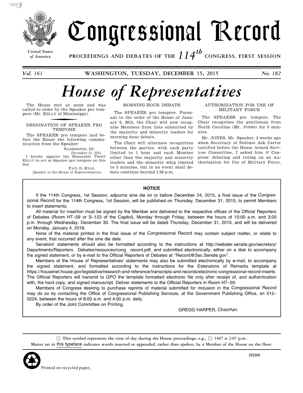 Congressional Record United States Th of America PROCEEDINGS and DEBATES of the 114 CONGRESS, FIRST SESSION