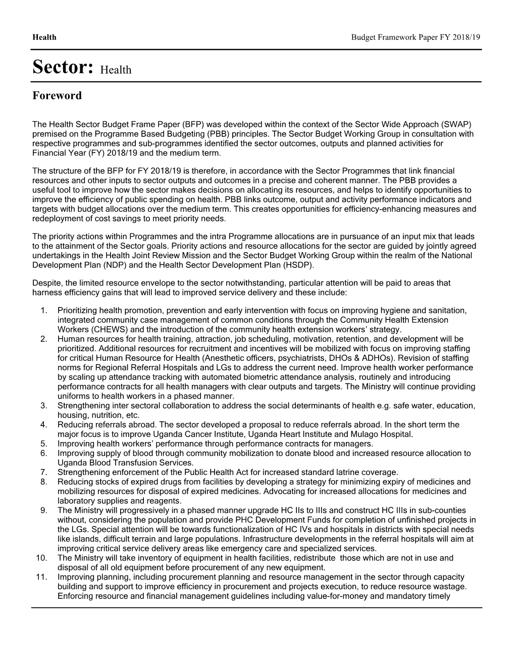 Health Budget Framework Paper FY 2018/19