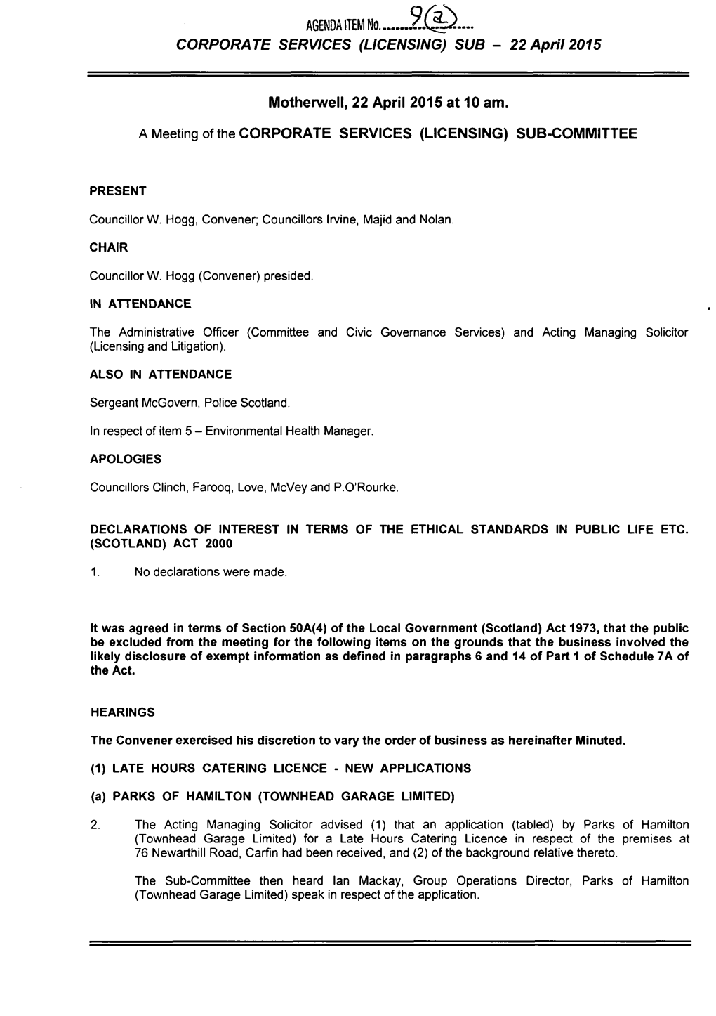 AGENDA ITEM CORPORATE SERVICES (LICENSING) SUB − 22 April 2015