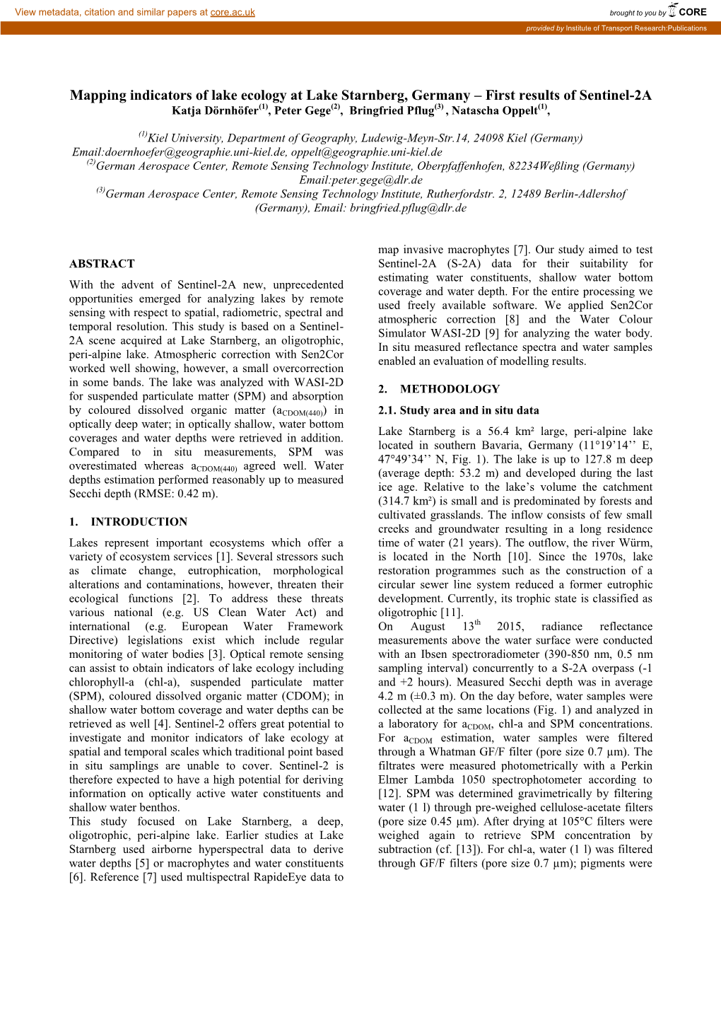 Mapping Indicators of Lake Ecology at Lake Starnberg, Germany