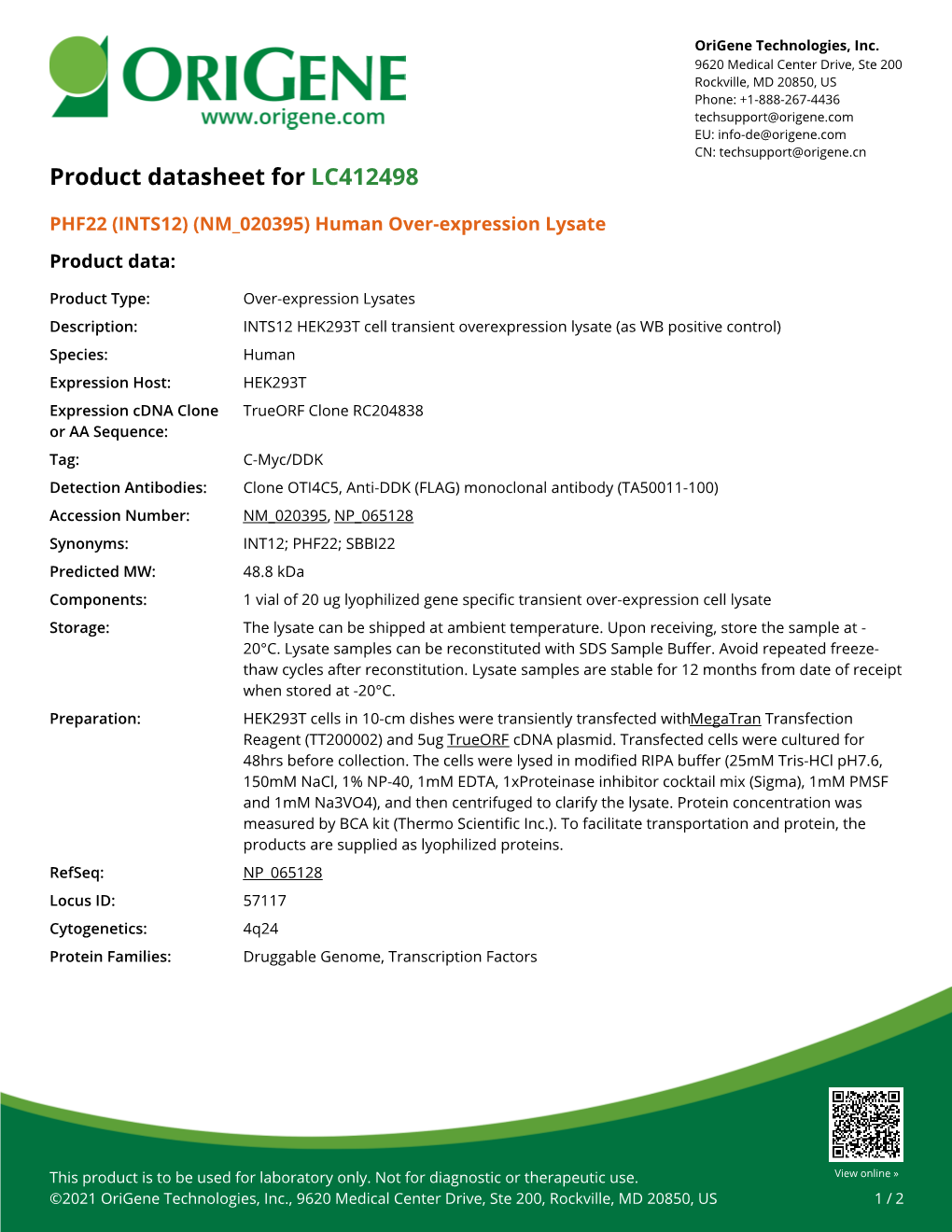 PHF22 (INTS12) (NM 020395) Human Over-Expression Lysate Product Data